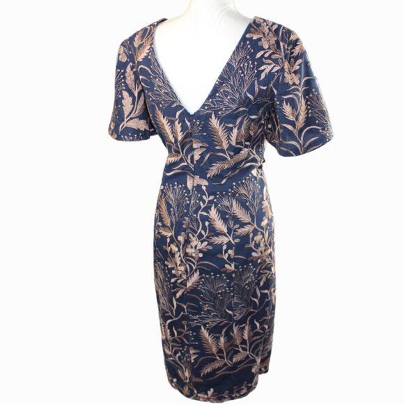 JS Collections Maya Flutter Sleeve Tea Length Blue Embroidered Dress Size 8 - Picture 5 of 10